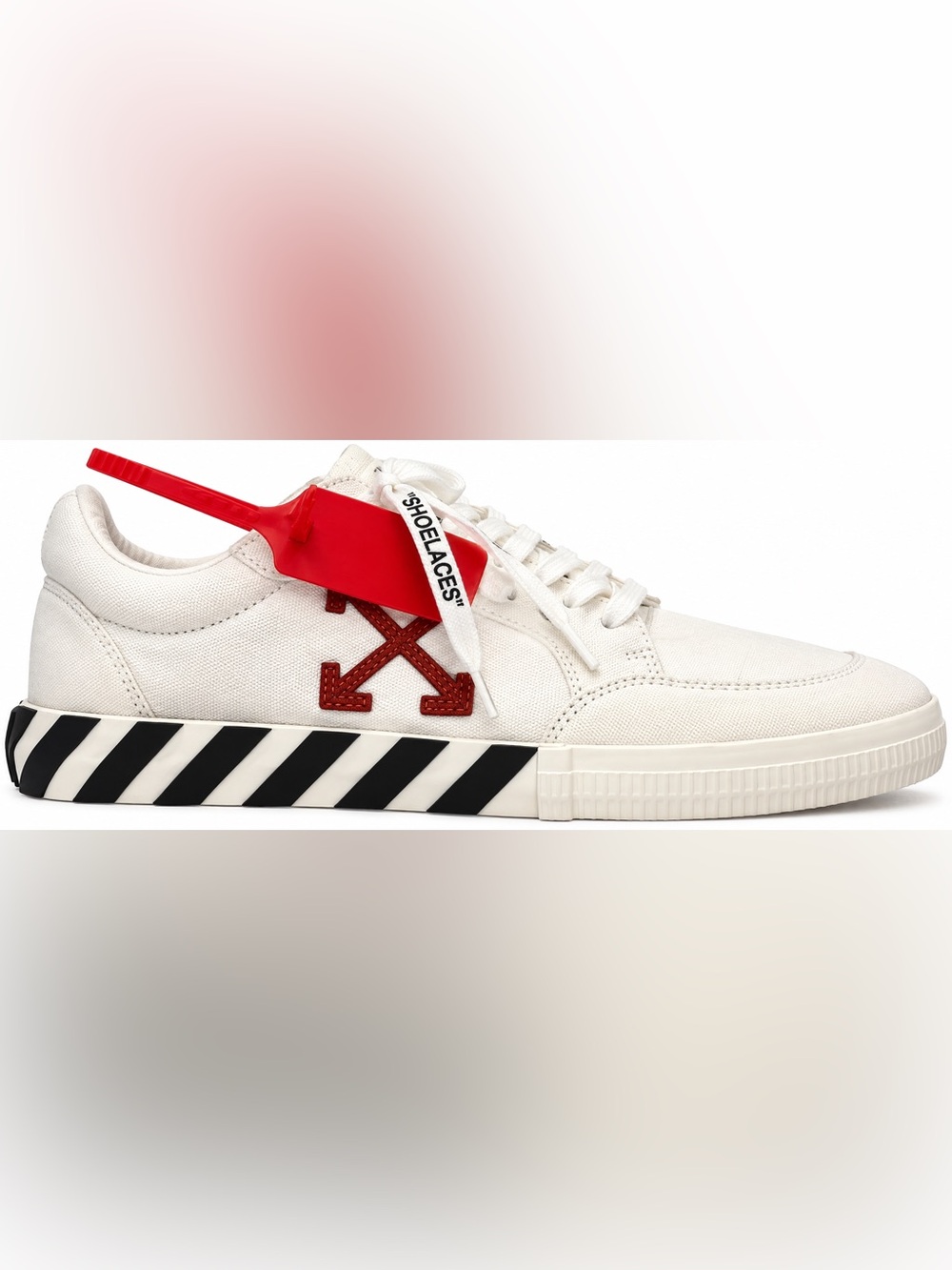 Off-White White Low-Top Sneaker with Red Arrow and Black Stripe Sole